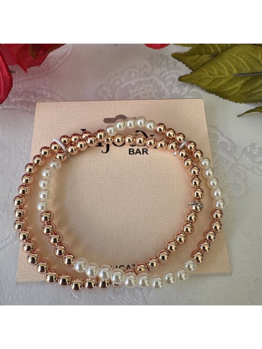 Bijoux Bar Delicates 2 PC Dainty Goldtone Pearl Bead Stretch Stack Bracelet NEW